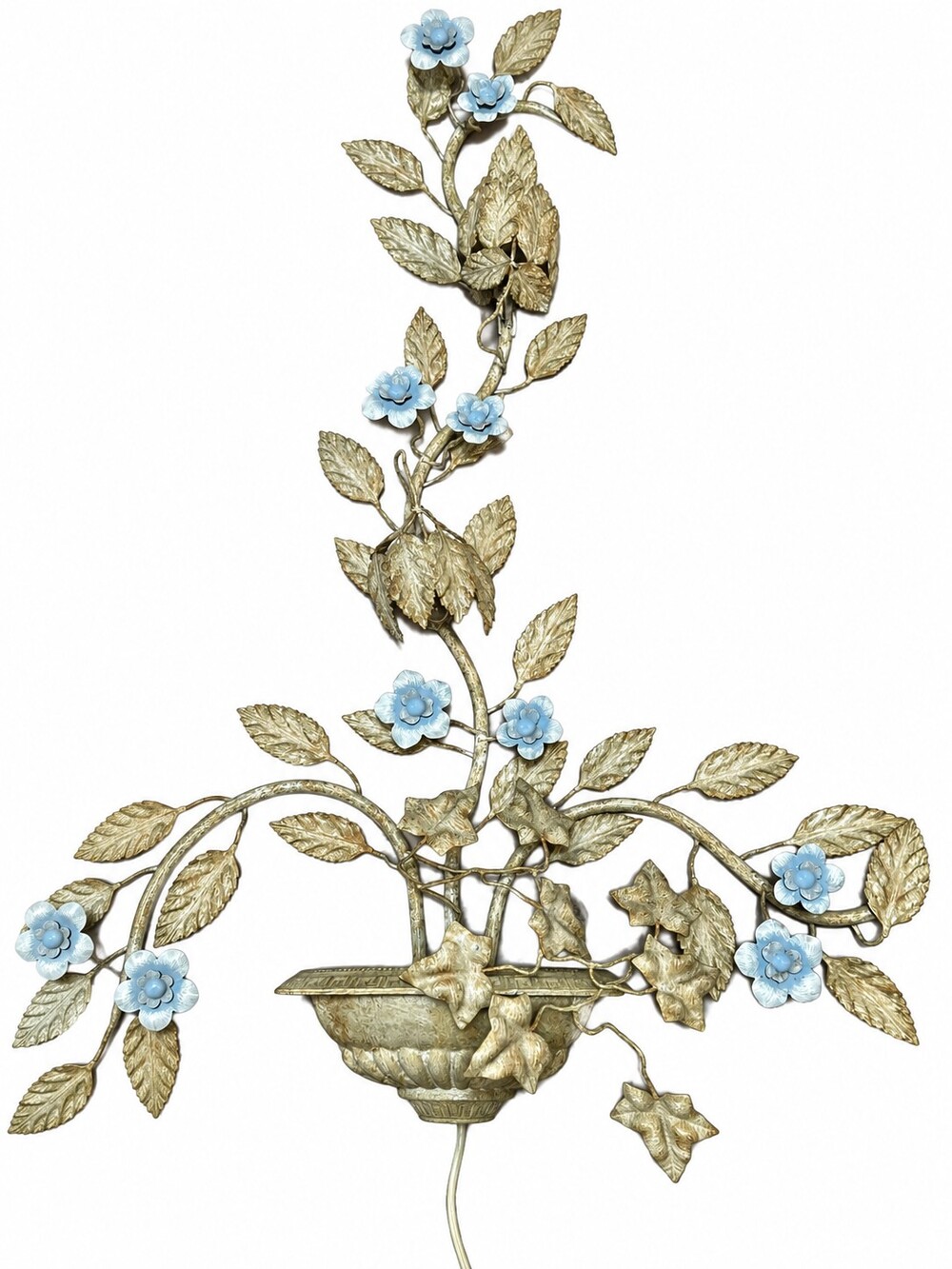 Vintage Italian Florentine Style Tole Metal Leaf Flowers Wall Sconce